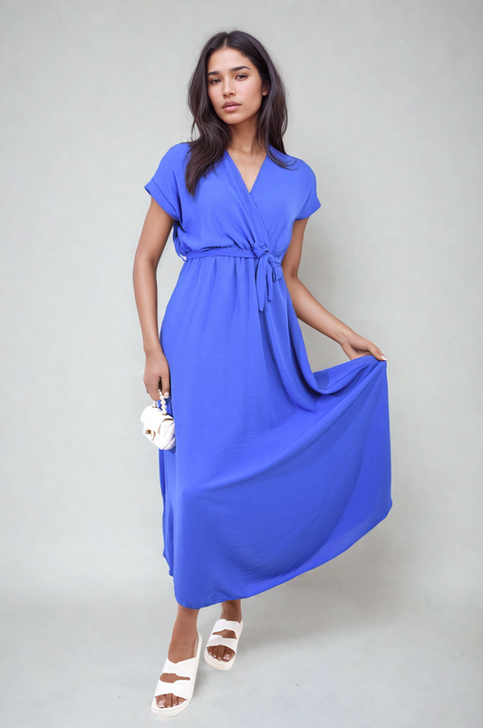 Wrap Tie Waist Short Sleeve Midi Dress