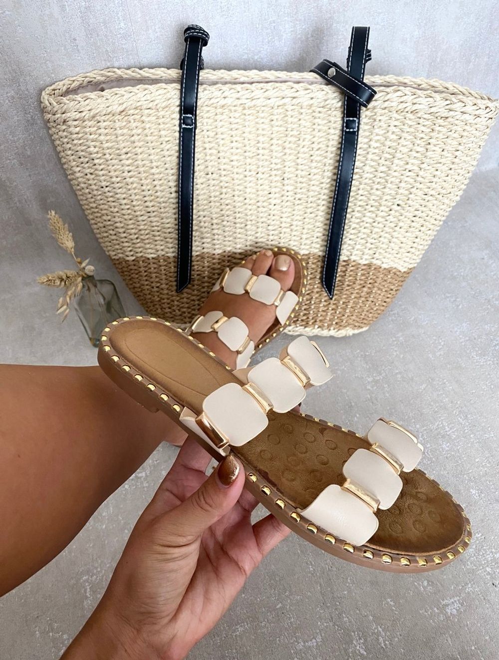 Gold Trim Detail Two Strap Flat Sandals