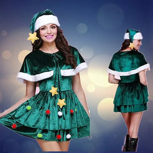 Women's Christmas Tree Costume party dress suit with hat