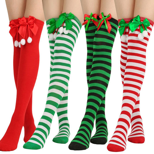 Christmas Socks Striped Long Stockings with Decorations