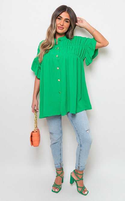 Button Down Pleated Frill Tops