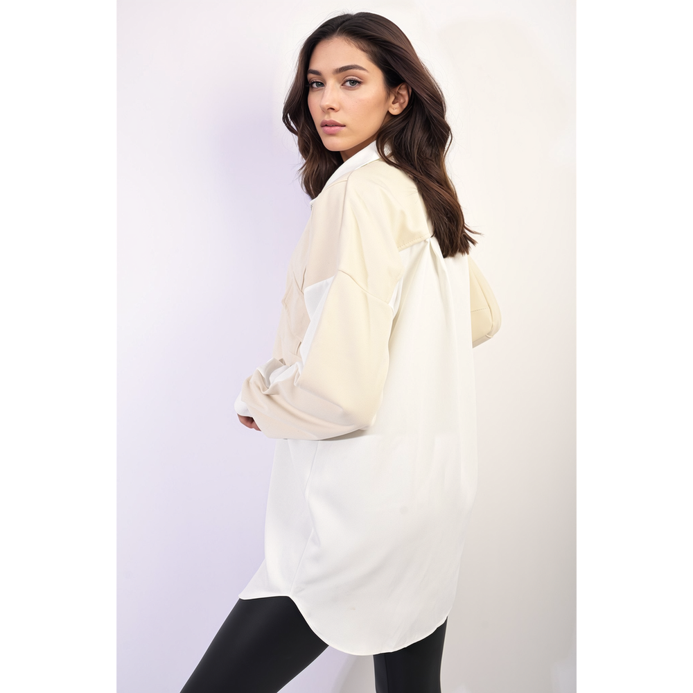 Two Tone Zip Front Oversized Long Sleeve Shirt