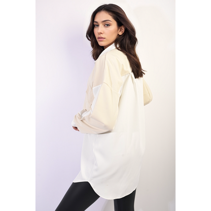 Two Tone Zip Front Oversized Long Sleeve Shirt