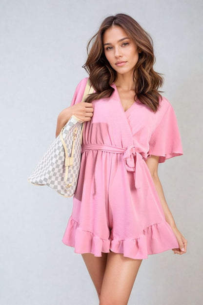 Belted Wrap-Over Frill Romper Playsuit