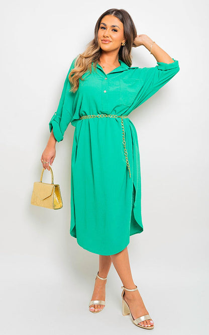 Button Down Pull Up Sleeve Midi Dress with Front Pocket