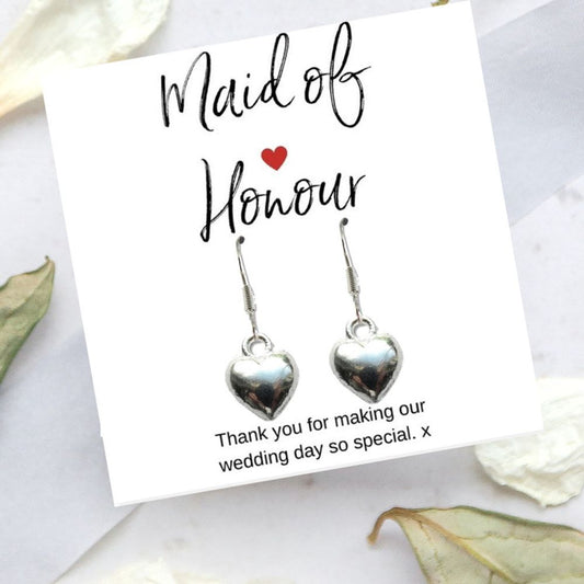 Maid of honour Heart Earrings & Thank You Card