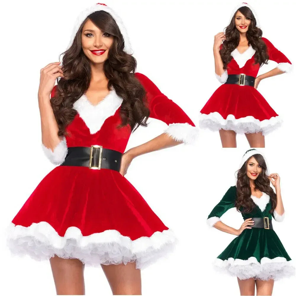 Fashion Miss Claus Dress Suit Women Christmas Fancy Party Dress Sexy Santa Outfits Hoodie Santa Claus Sweetie Cosplay Costumes