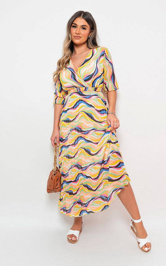 Long Sleeve Printed Maxi Dress with Belt Detail