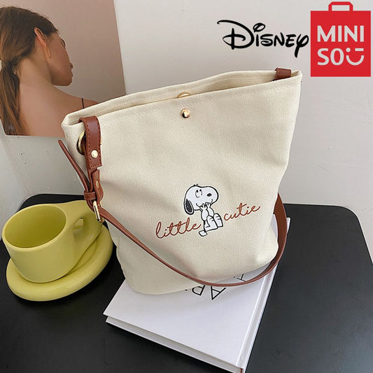 MINISO Disney Series Snoopy Women's Cute Bucket Bag Fashion Canvas Shoulder Bag Classic Letter Print Casual Crossbody Bag