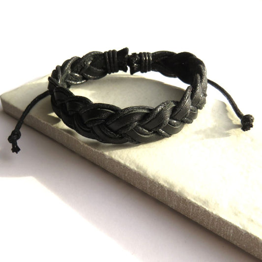 Mens Black Pleated Leather Bracelet