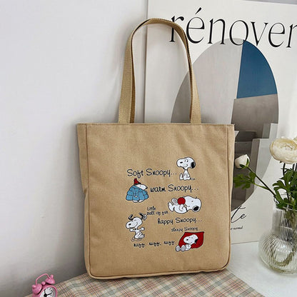 MINISO Disney Series Snoopy Canvas Bag Printed Cartoon Shoulder Bag Large Capacity Handbag Zipper Casual Tote Bag