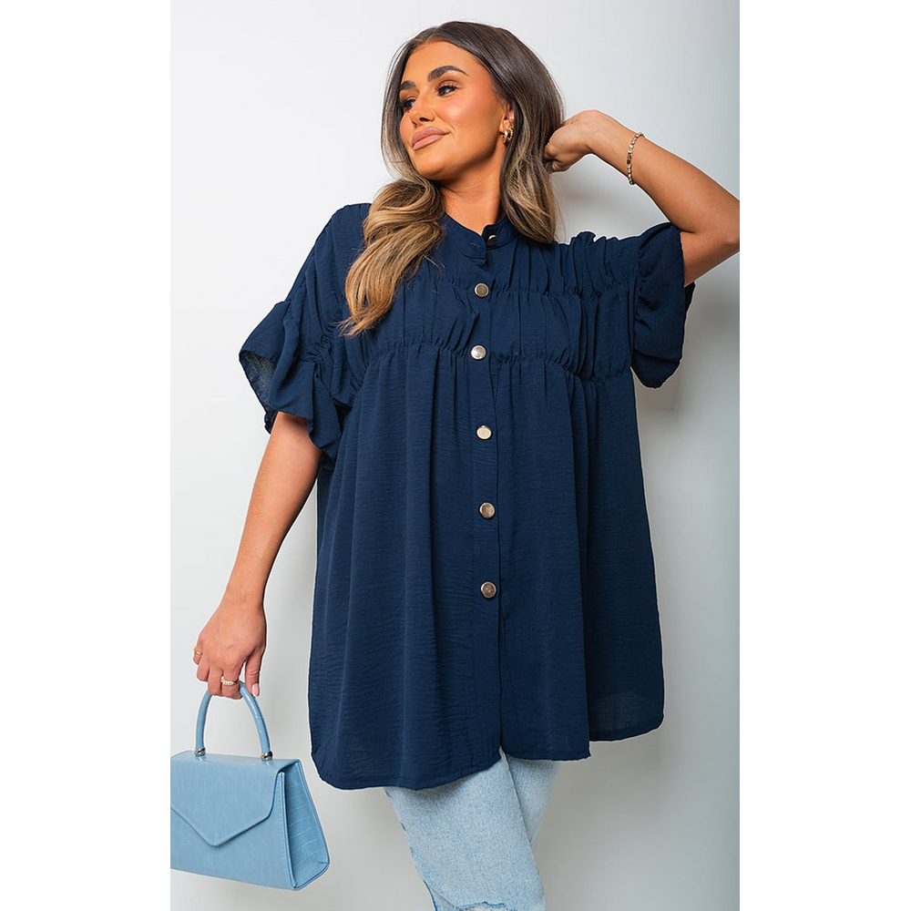 Button Down Pleated Frill Tops