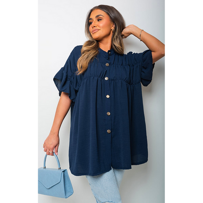 Button Down Pleated Frill Tops