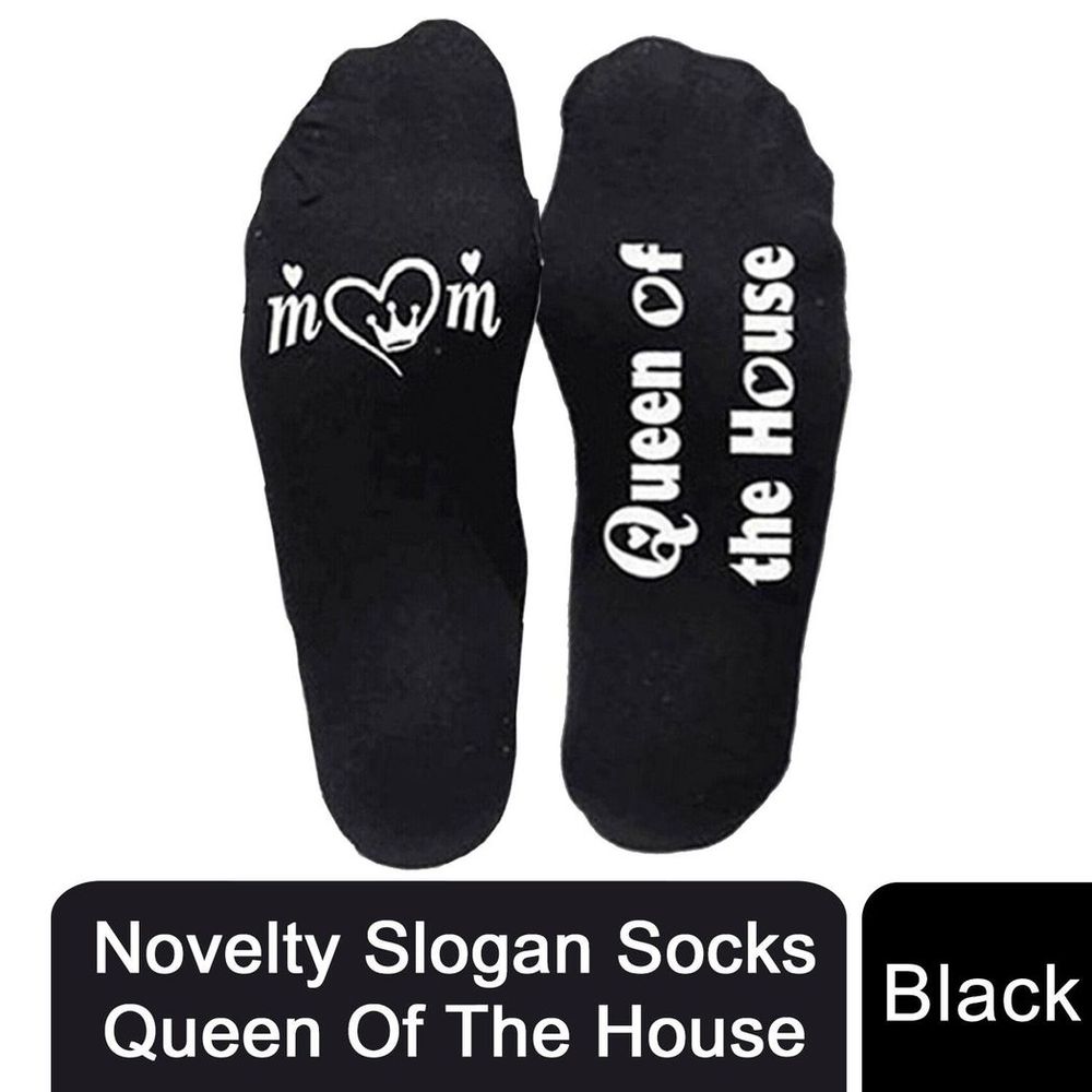 Flo Novelty Cotton Mid Calf Socks with Funny Slogans, Queen of the House, Black