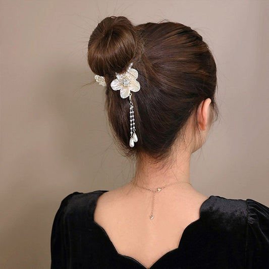 Camellia Tassel Hair Clip Pearl Ponytail Clip Fixed Hair Claw Women Bun Barrettes Hairpins Hair Accessories Headwear