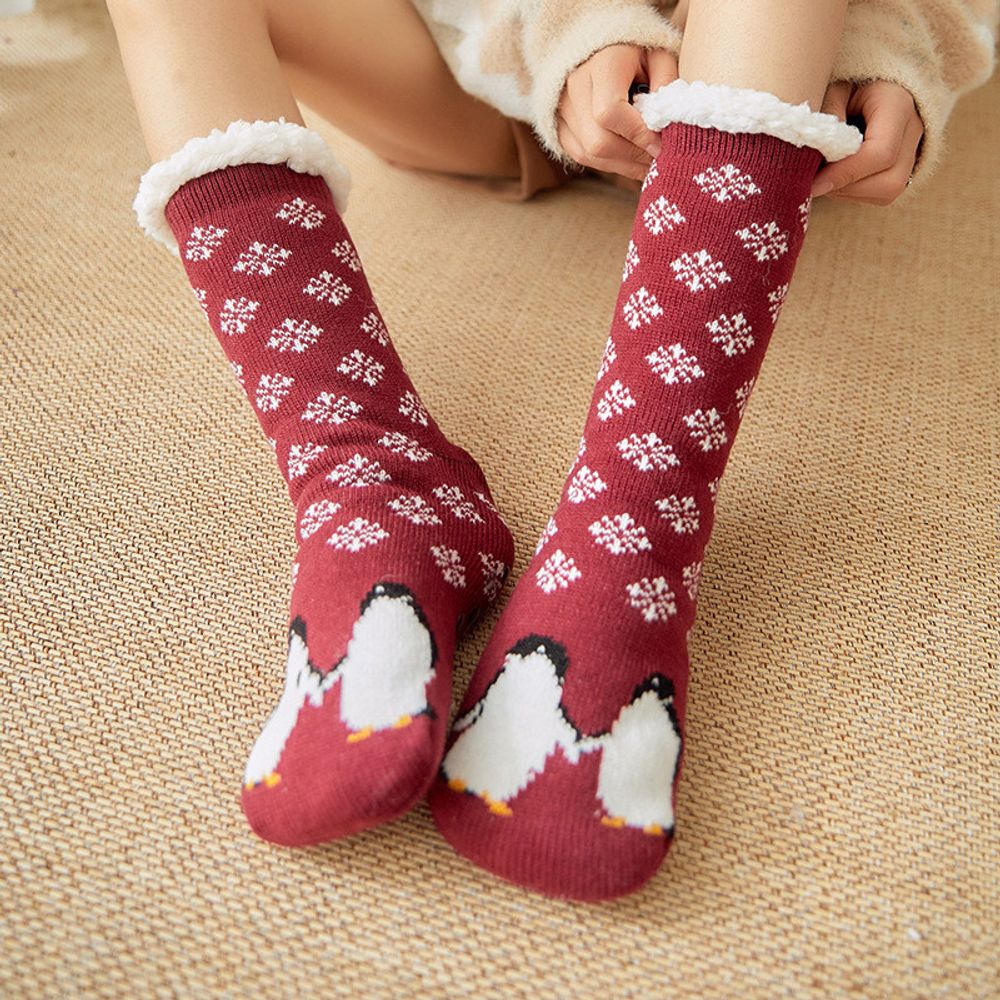 Winter thick non-slip floor socks female elk Christmas gift socks cute cat and fox series new year socks warm soft tube socks