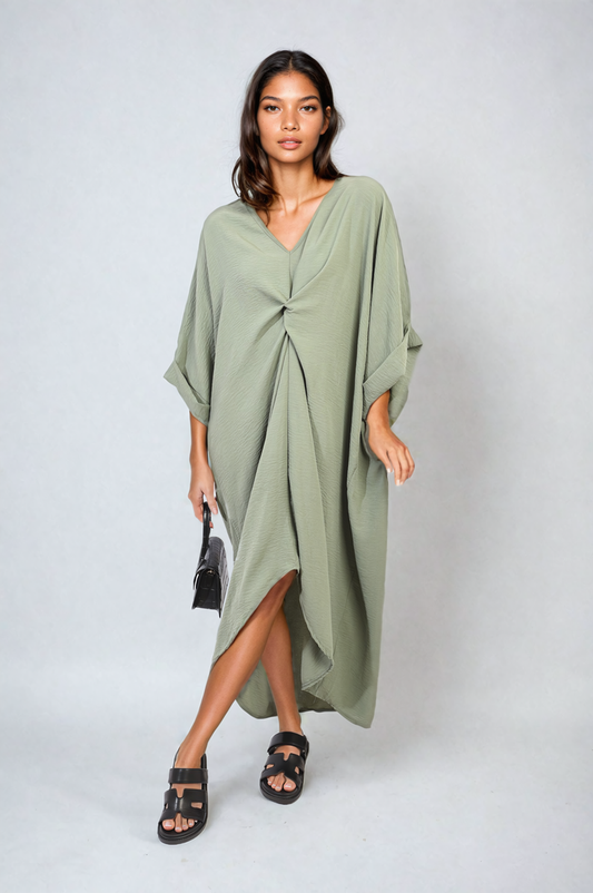 Twist Front Plunge Neckline Relaxed Fit Midi Dress