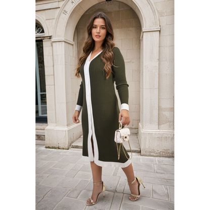 Knitted Contrast Trim Long Sleeve Midi Dress