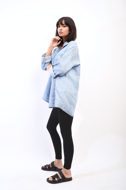 Collared Button Down Long Sleeve Loose Top with Front Pocket