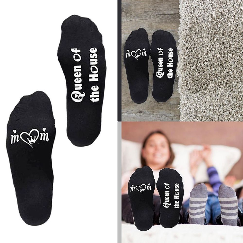 Flo Novelty Cotton Mid Calf Socks with Funny Slogans, Queen of the House, Black