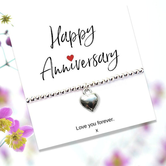 Silver Heart Beaded Bracelet &  Anniversary Message Card