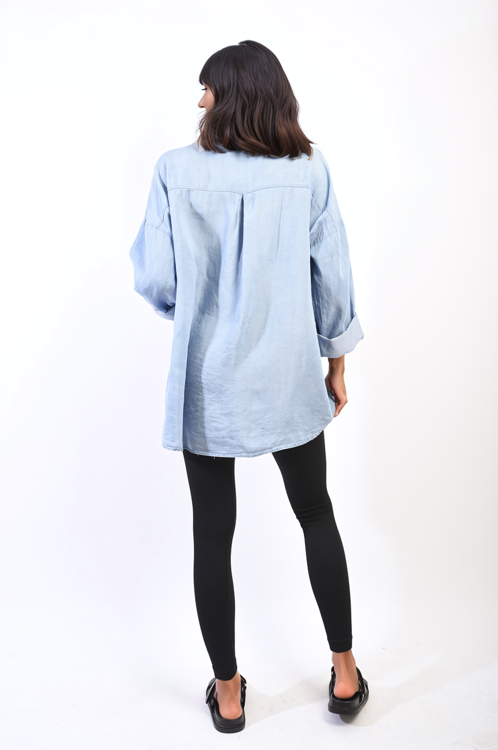 Collared Button Down Long Sleeve Loose Top with Front Pocket