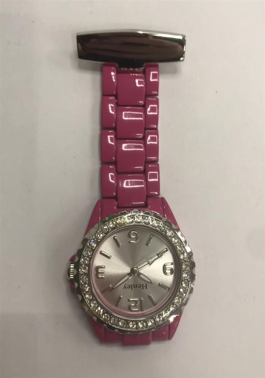 Henley Womans Pink Enamel Link Beauticians Diamante Fob Watch HF01.5