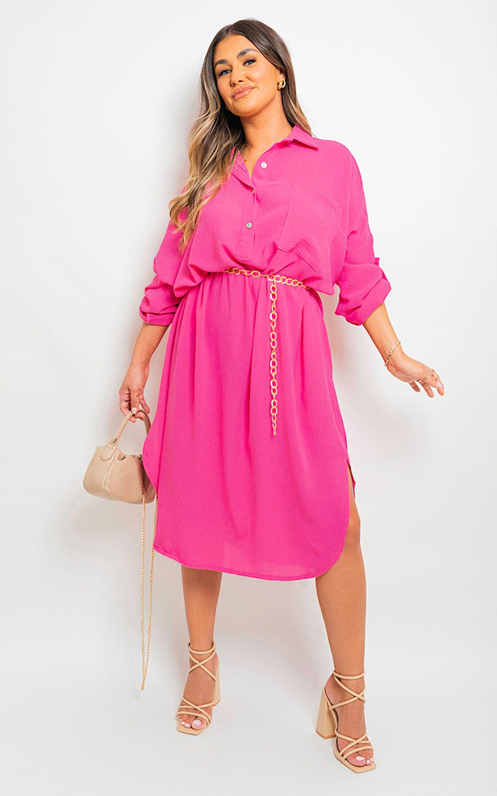 Button Down Pull Up Sleeve Midi Dress with Front Pocket