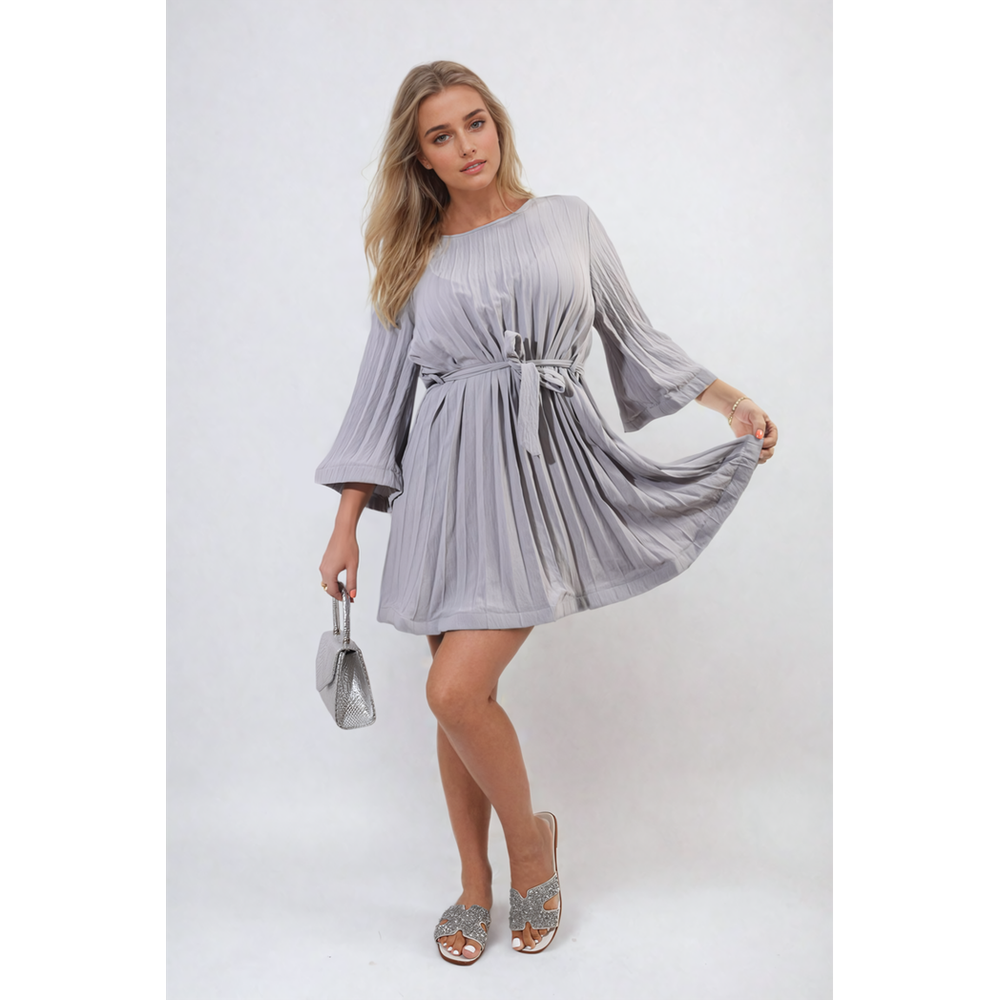 Pleated Tie Waist Mini Dress