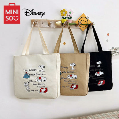 MINISO Disney Series Snoopy Canvas Bag Printed Cartoon Shoulder Bag Large Capacity Handbag Zipper Casual Tote Bag