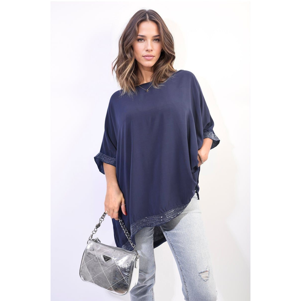 Oversized Sequin Hem Flare Sleeve Top