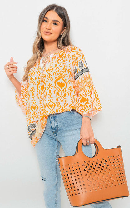 Boho Printed Tassel Tie Neck Long Sleeve Loose Tops