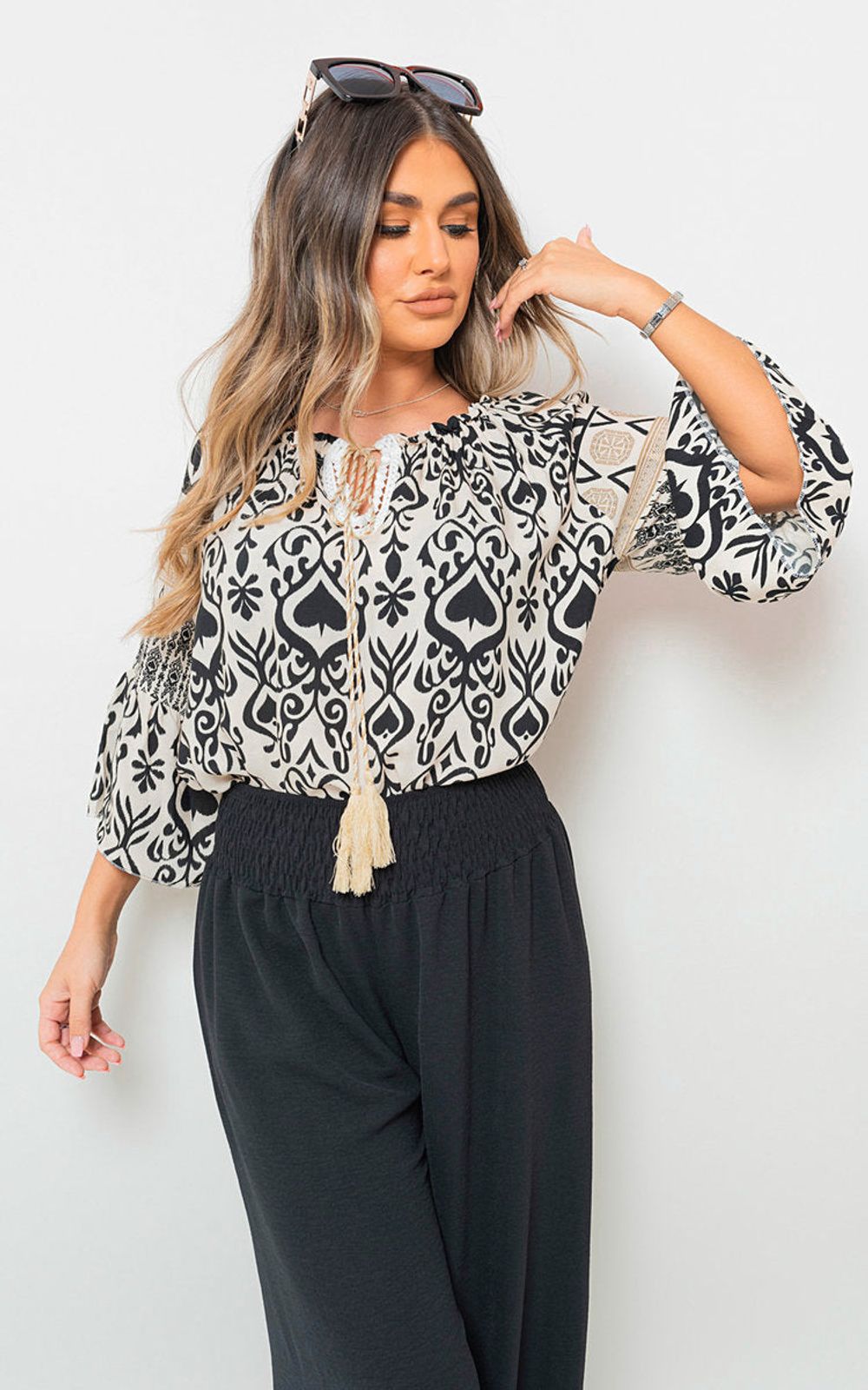 Boho Printed Tassel Tie Neck Long Sleeve Loose Tops