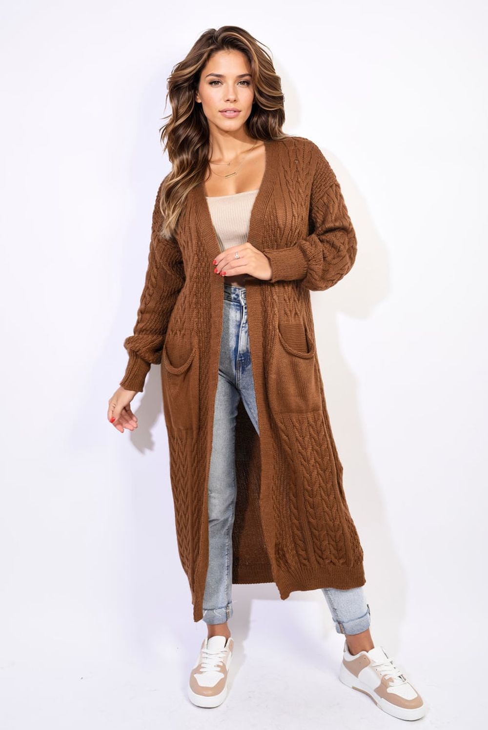 Front Open Long Knitted Cardigan With Front Pockets