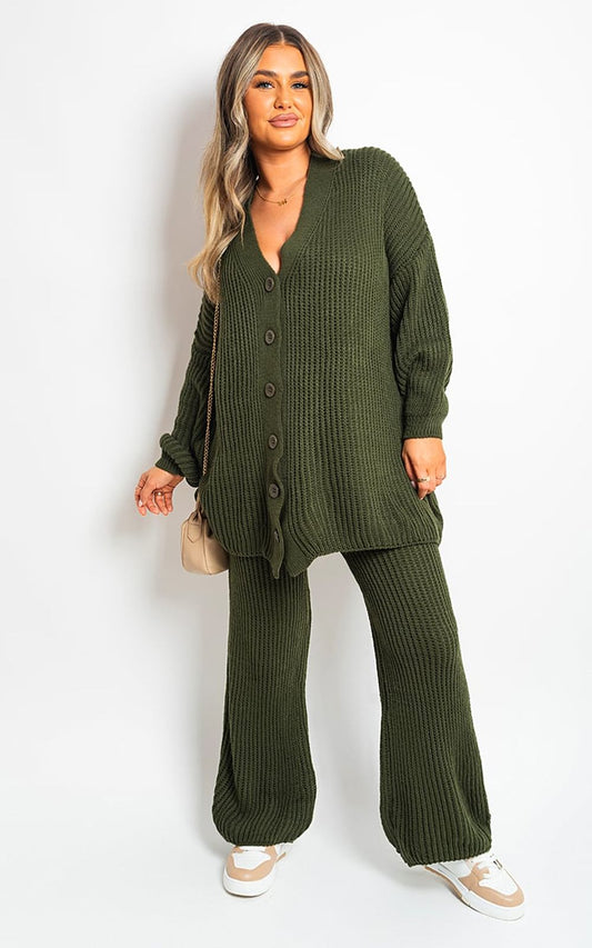 Chunky Knitted Button Up Cardigan Wide Leg Trousers Co-ord Set