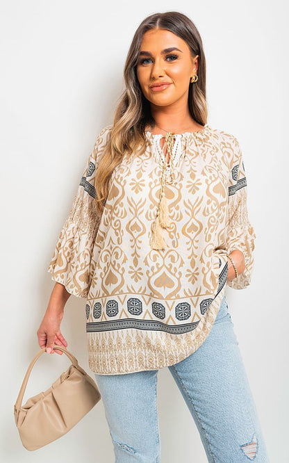 Boho Printed Tassel Tie Neck Long Sleeve Loose Tops