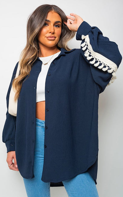 Oversized Long Sleeve Tassel Trim Top