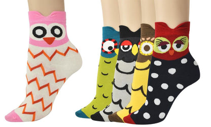 Print Socks 5 Pairs Pack - One Size Fits all Dogs, Kitty, Owls