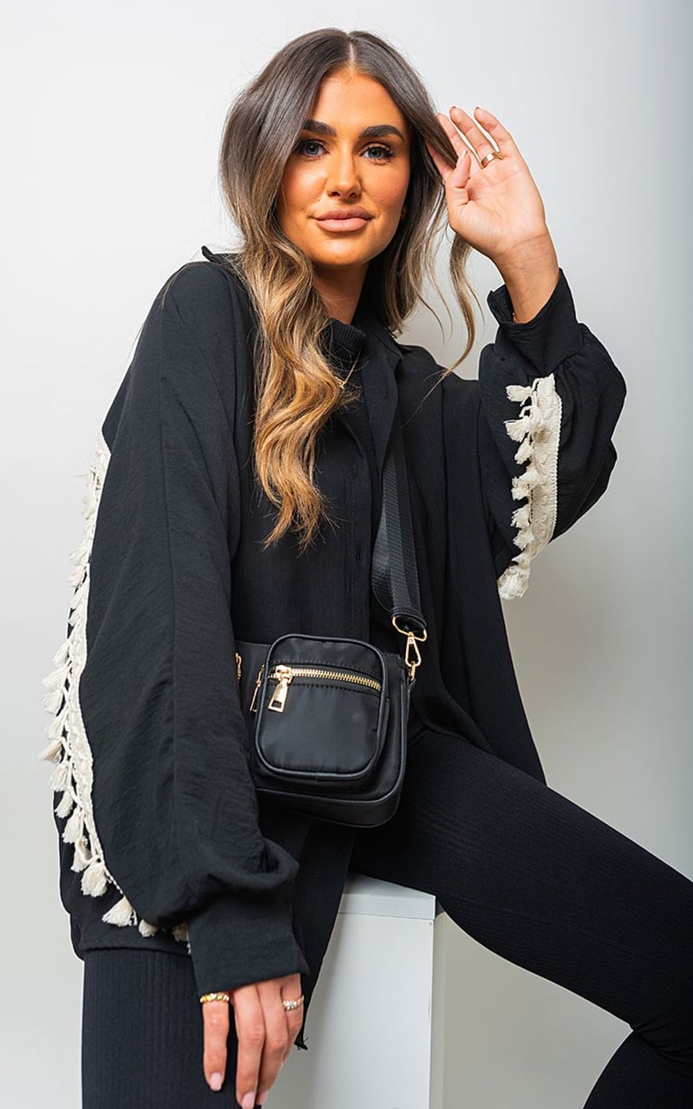 Oversized Long Sleeve Tassel Trim Top