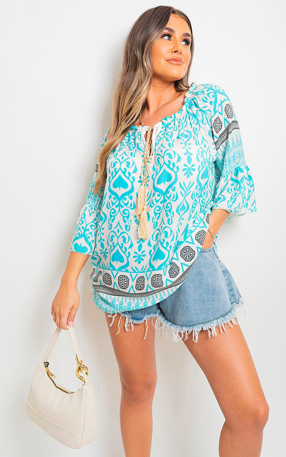 Boho Printed Tassel Tie Neck Long Sleeve Loose Tops