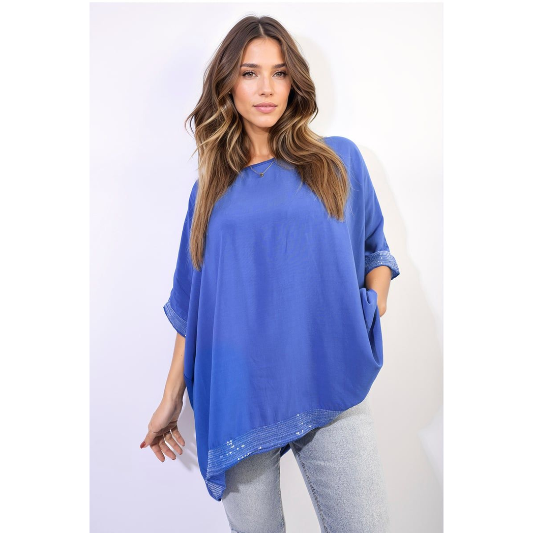 Oversized Sequin Hem Flare Sleeve Top