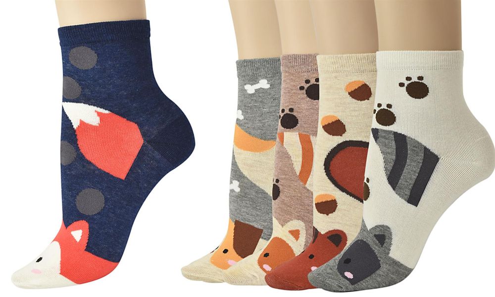 Print Socks 5 Pairs Pack - One Size Fits all Dogs, Kitty, Owls