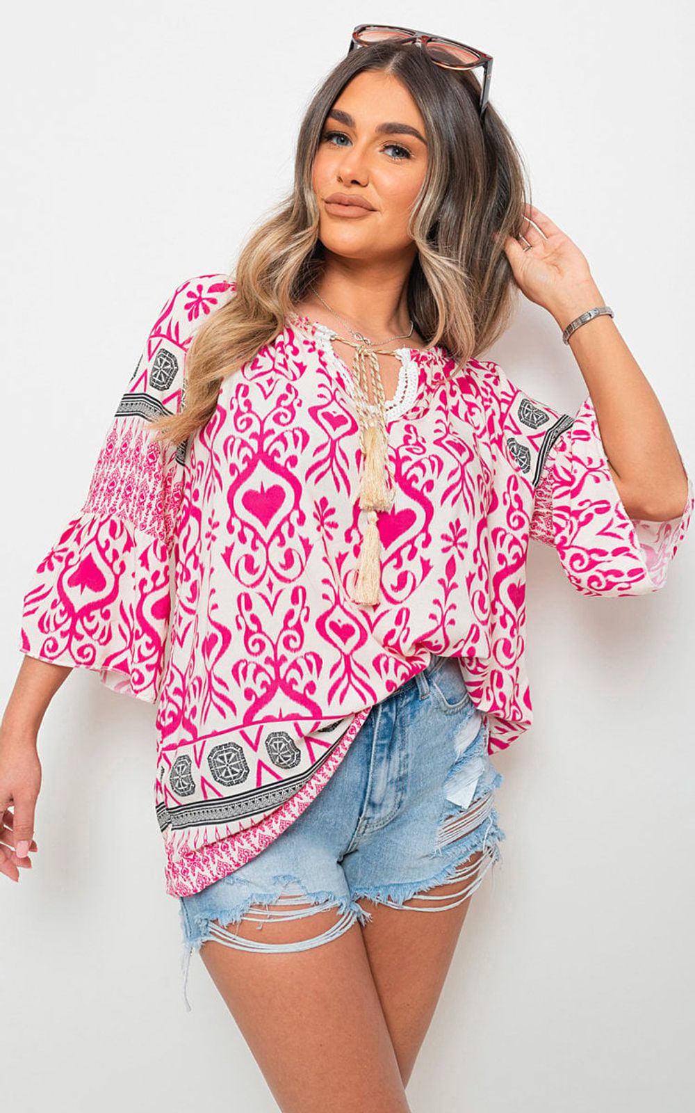 Boho Printed Tassel Tie Neck Long Sleeve Loose Tops