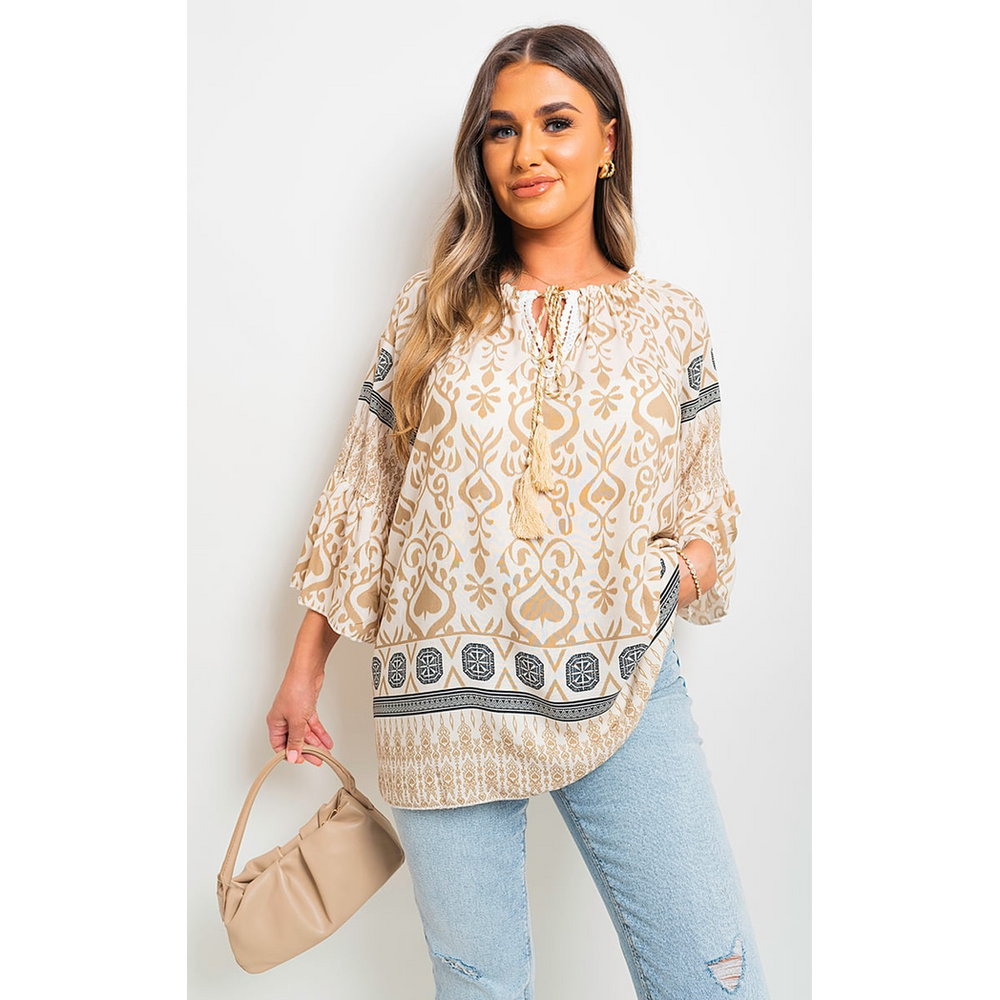 Boho Printed Tassel Tie Neck Long Sleeve Loose Tops