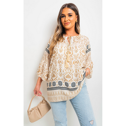 Boho Printed Tassel Tie Neck Long Sleeve Loose Tops