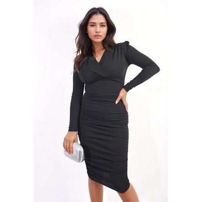 V Neck Long Sleeve Ruched Bodycon Midi Dress